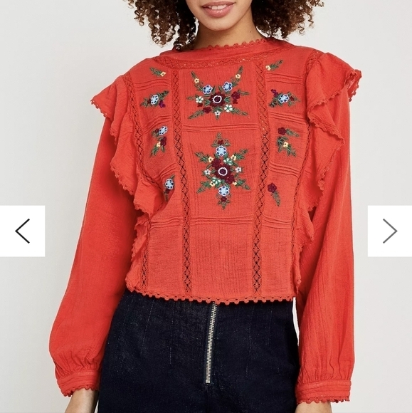 Free People Amy Red Floral Embroidered Bohemian Long Sleeve Blouse Women's Small - Picture 1 of 11